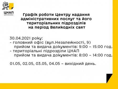 Графік роботи Центру надання адміністративних послуг та його територіальних підрозділів на період Великодній свят!