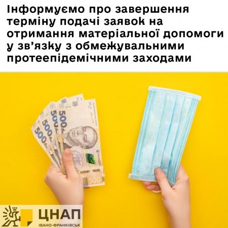 Інформуємо про завершення терміну подачі заявок на отримання матеріальної допомоги у зв’язку з обмежувальними протеепідемічними заходами.