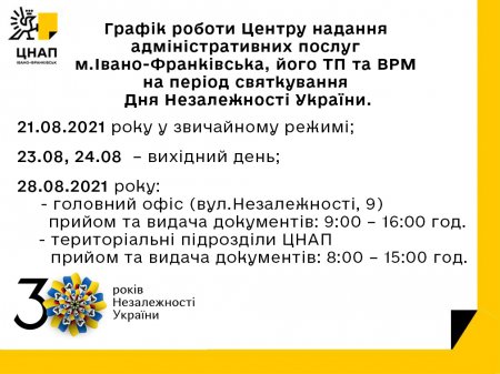Інформація щодо графіка роботи Центру надання адміністративних м.Івано-Франківська на період святкування Дня Незалежності України.