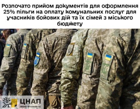 ЦНАП м.Івано-Франківська розпочинає прийом документів на оформлення пільги на оплату комунальних послуг для учасників бойових дій та їх сімей з міського бюджету (в розмірі 25%)
