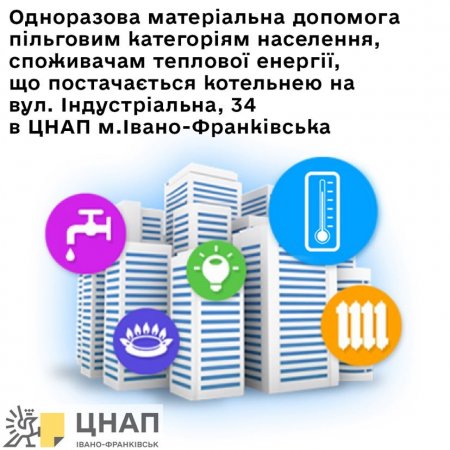 Оформлення в ЦНАП м.Івано-Франківська одноразової матеріальної  допомоги пільговим категоріям громадян, які користуються централізованим опаленням в будинках, теплова енергія до яких постачається котельнею на вул. Індустріальна, 34
